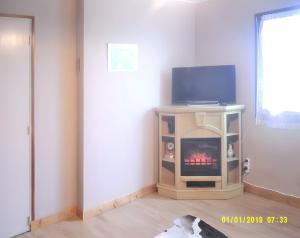 a living room with a fireplace and a tv at Appartement charmant à Selonnet avec piscine partagée et vue in Selonnet