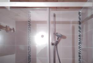 a shower with a glass door in a bathroom at Studio confortable à Taninges, 25 m² avec vue sur jardin in Taninges