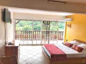 a bedroom with a bed and a large window at Villa de charme à Sainte-Anne avec piscine privée in Sainte-Anne