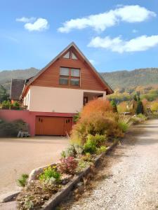 a house with a garage and a driveway at Appartement charmant à Thannenkirch avec vue montagne in Thannenkirch