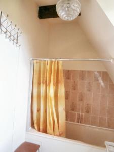 a shower curtain in the corner of a bathroom at Maison de charme dans le Parc des Volcans d'Auvergne avec terrasse in Lascelle