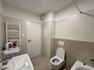 a bathroom with a toilet and a sink at Nuppu1, free parking, self check-in in Trnávka +18 photos