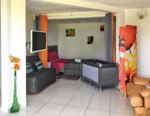 a living room with a couch and a tv at Appartement charmant Deshaies vue mer in Deshaies