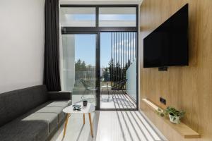a living room with a couch and a tv on a wall at Petalouda in Kallithea Halkidikis