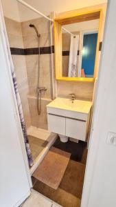 a bathroom with a sink and a shower and a mirror at Studio confortable à Hyères avec terrasse et jardin – 20 m² in Hyères