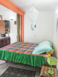 a bedroom with a bed with a green blanket at Studio charmant à Sainte-Luce, 28 m², terrasse et jardin. in Sainte-Luce