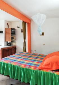 a bedroom with a bed with a colorful blanket at Studio charmant à Sainte-Luce, 28 m², terrasse et jardin. in Sainte-Luce