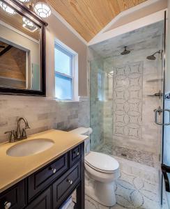 une salle de bain avec toilettes, lavabo et douche dans l'établissement Renovated Romantic Guesthouse Historic Downtown Easy Half Mile Stroll - Beach only 3 Miles!, à Saint Augustine 15 autres photos