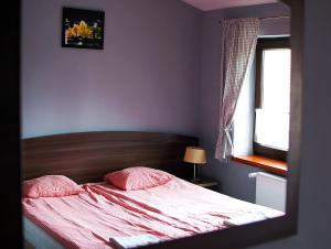 a bedroom with a bed with pink sheets and a window at Maciejowa Chata in Pobiedziska