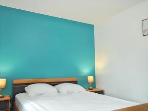 a bedroom with a bed with a blue wall at Maison charmante à Levroux avec jardin et spa in Levroux