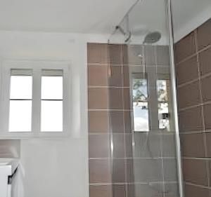 a bathroom with a shower with two windows in it at Maison charmante à Levroux avec jardin et spa in Levroux +14 photos