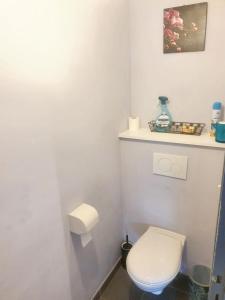 Un baño blanco con inodoro y lavabo. en Maison moderne à Saint-Pol-de-Léon avec jardin privé, en Saint-Pol-de-Léon