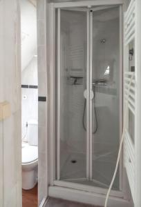 a glass shower in a bathroom with a toilet at Maison accueillante à Camaret-sur-Mer - Jardin spacieux 38 m² in Camaret-sur-Mer +6 photos
