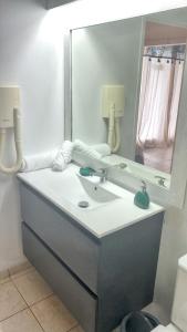 ein Badezimmer mit Waschbecken und großem Spiegel in der Unterkunft Charmant appartement à La Trinité avec piscine partagée - 40 m² in La Trinité