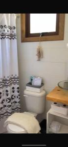 a bathroom with a toilet with a shower curtain at Cabaña La Quebrada Tunquen in Valparaíso