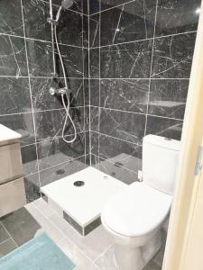 a black tiled bathroom with a toilet and a shower at Studio charmant à Noisy-le-Sec de 22 m² avec terrasse in Noisy-le-Sec +5 photos