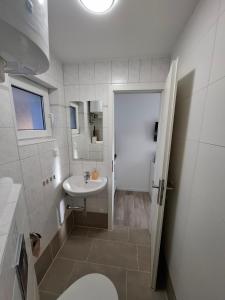 HeideseeFerienbungalows am Wolziger See的带水槽和马桶的白色浴室