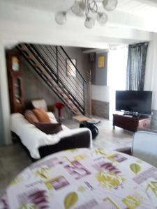 a living room with a couch and a television at Bord de vilaine in Nivillac