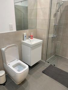 Un baño con inodoro, lavabo y ducha. en Tripview Apartments at Loxwood House, en Accra