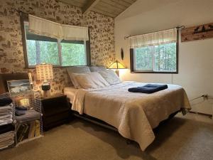 a bedroom with a large bed and two windows at Culps Cascade | Wi-Fi, Woodstove, Cedar Hot tub in Packwood