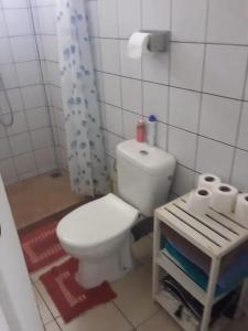 a bathroom with a white toilet in a room at Maison adorable à Sainte-Luce avec jardin clos in Sainte-Luce