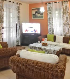 Μια τηλεόραση ή/και κέντρο ψυχαγωγίας στο Welcoming villa with sea, mountain, and garden views