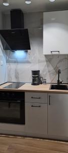 a kitchen with a sink and a stove top oven at Loft bianco nero in Tríkala