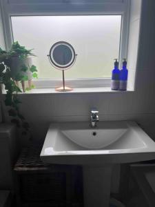 a bathroom sink with a mirror and a window at Bridle Cottage in Pentrich +11 photos