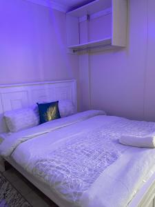 a bedroom with a white bed with a purple ceiling at Bella Homes Thika Town Studio in Thika