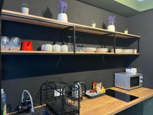 a kitchen counter with shelves with dishes and a microwave at Mickitos Cozy Studio Two in Mavrovo +9 photos