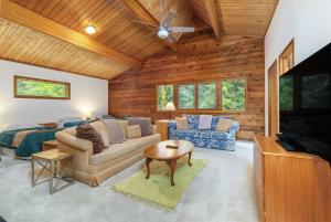 a living room with a couch and a tv at Trails End | Hot Tub, Starlink, Woodstove in Packwood