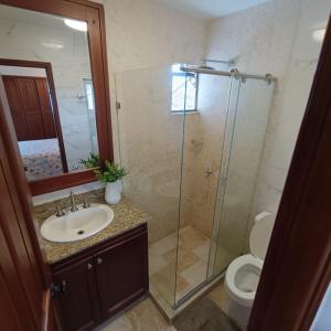 a bathroom with a shower and a sink and a toilet at Apartamento VISTA AZUL RODADERO LAURELES 801 in Rodadero +64 photos