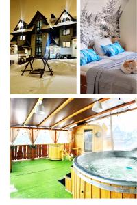 a collage of pictures of a house with a hot tub at Na Skarpie in Białka Tatrzanska