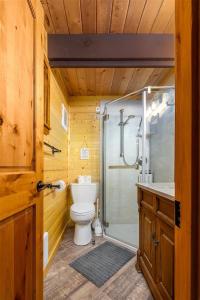 a bathroom with a toilet and a glass shower at Wonderland Chateau in Packwood +22 photos
