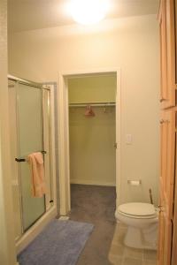 a bathroom with a toilet and a glass shower at Rustic Rapids · Wood Stove, Creek, Sauna in Packwood +14 photos