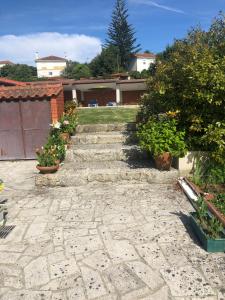a stone path leading to a house with plants at Relaxando no campo in Viana do Castelo