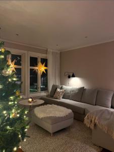 House with a beautiful seaview في ترومسو: غرفة معيشة مع شجرة عيد الميلاد وأريكة