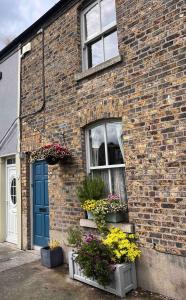 a brick house with a blue door and some flowers at Stylish city centre house, perfectly located in Dublin