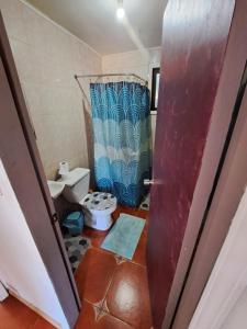 a small bathroom with a shower and a toilet at Cabaña puerto varas in Puerto Varas