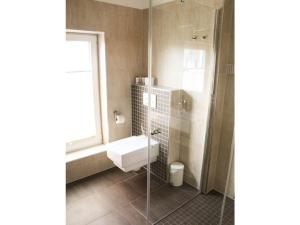 a bathroom with a toilet and a shower at Ostseebrandung - Haus Seepferdchen in Dranske