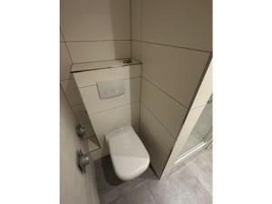 a bathroom with a white toilet in a stall at Gießler Comfortable holiday residence in Bremerhaven