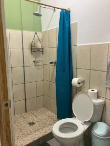 a bathroom with a toilet and a blue shower curtain at Hostal El Amate #3 in Suchitoto