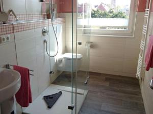 a bathroom with a toilet and a glass shower at Tönnihuus Comfortable holiday residence in Tönning