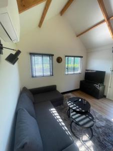 WestzaanにあるUnique Lodge 22 min from Amsterdam CSのソファとテーブルのあるリビングルーム