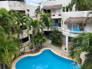- une vue aérienne sur un hôtel doté d'une piscine et de palmiers dans l'établissement blue angel 8 a unos pasos de la 5, à Playa del Carmen
