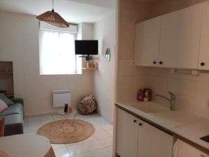 une cuisine avec un évier et un salon dans l'établissement Studio remblai, port, commerces, à Les Sables-dʼOlonne 3 autres photos