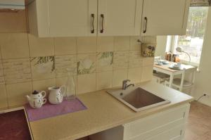 a kitchen with a sink and a counter top at Lavandula Palanga in Palanga