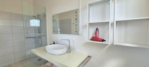 un bagno bianco con lavandino e doccia di Abiki Mauritius ad Albion