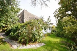 a house with a large bush in front of a yard at Ferienhaus-Ankerplatz in Norden