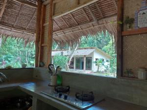 a kitchen with a counter with a stove and a window at Payapa garden Nagtabon Beach in Puerto Princesa City +24 photos